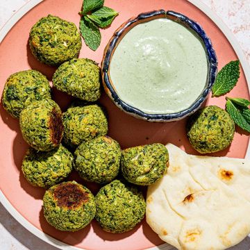 herby baked falafel with spicy mint tahini dip